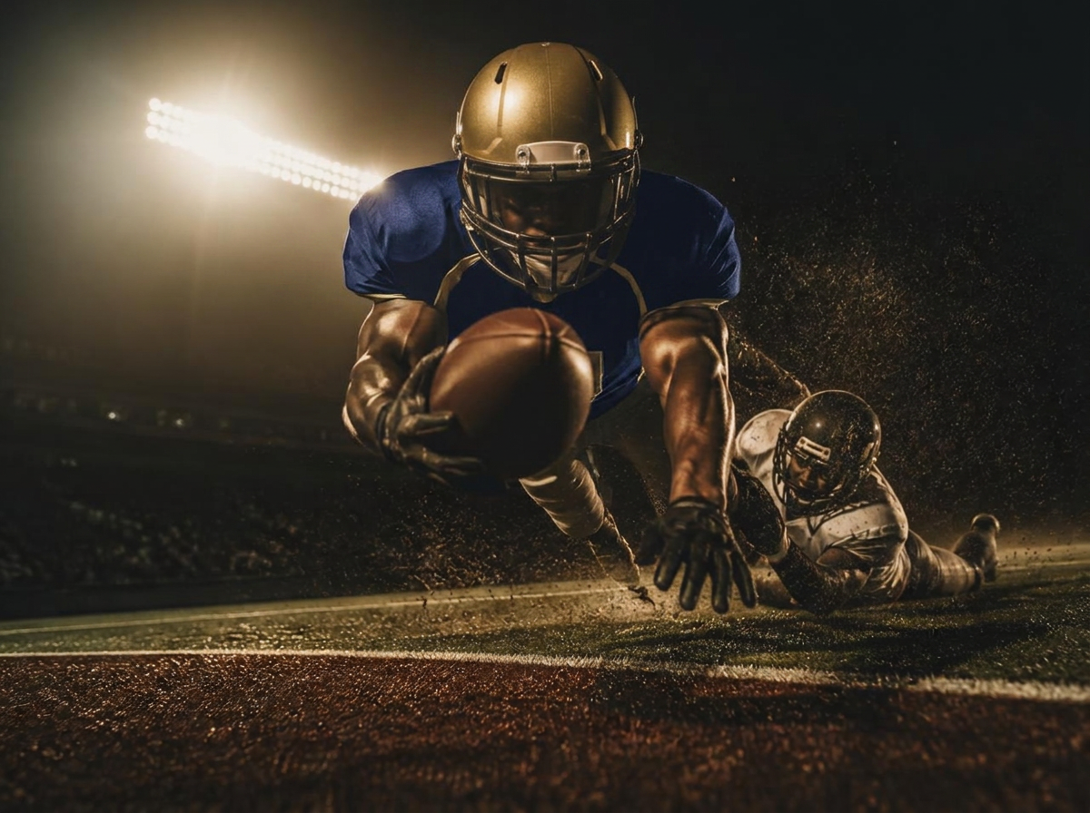 Running back diving across the goal line for a touchdown